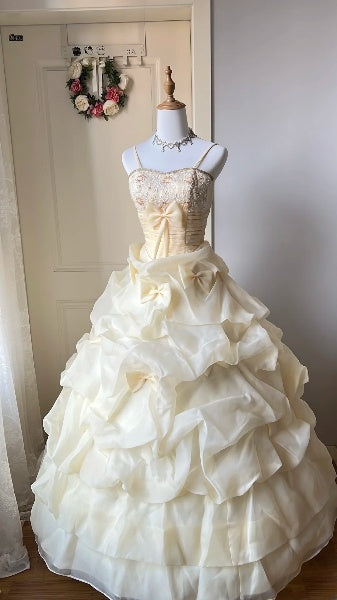Sweet 15 Quinceanera Dress Ball Gown Spaghetti Straps Yellow With Ruffled Long 15th Birthday Gown RC0504