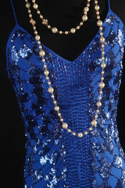 Retro 50s 1950s Formal Sheath Spaghetti Strap Royal Blue With Gem Beads Sleeveless Mid Length Prom Dresses Party Formal Gowns AS139