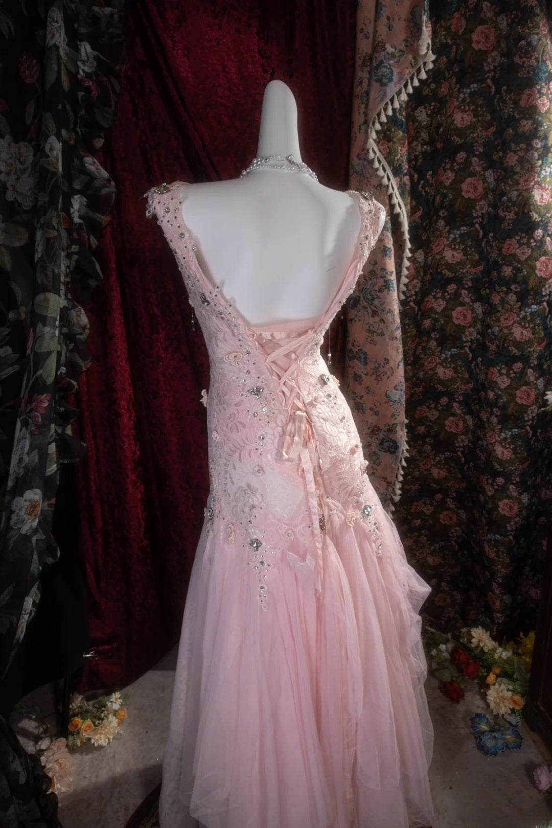 Vintage Mermaid Scoop Neck Pink Lace With Flowers Beading Long Prom Dresses Formal Outfits Evening Night Gown RB8142