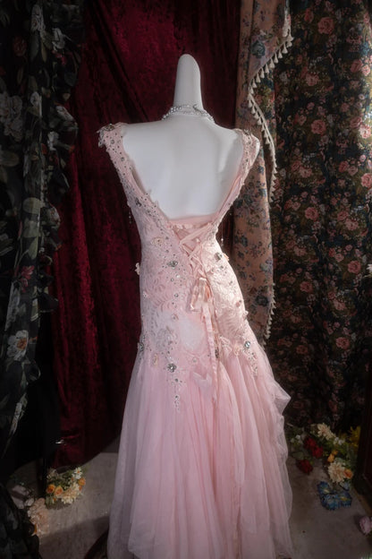 Vintage Mermaid Scoop Neck Pink Lace With Flowers Beading Long Prom Dresses Formal Outfits Evening Night Gown RB8142