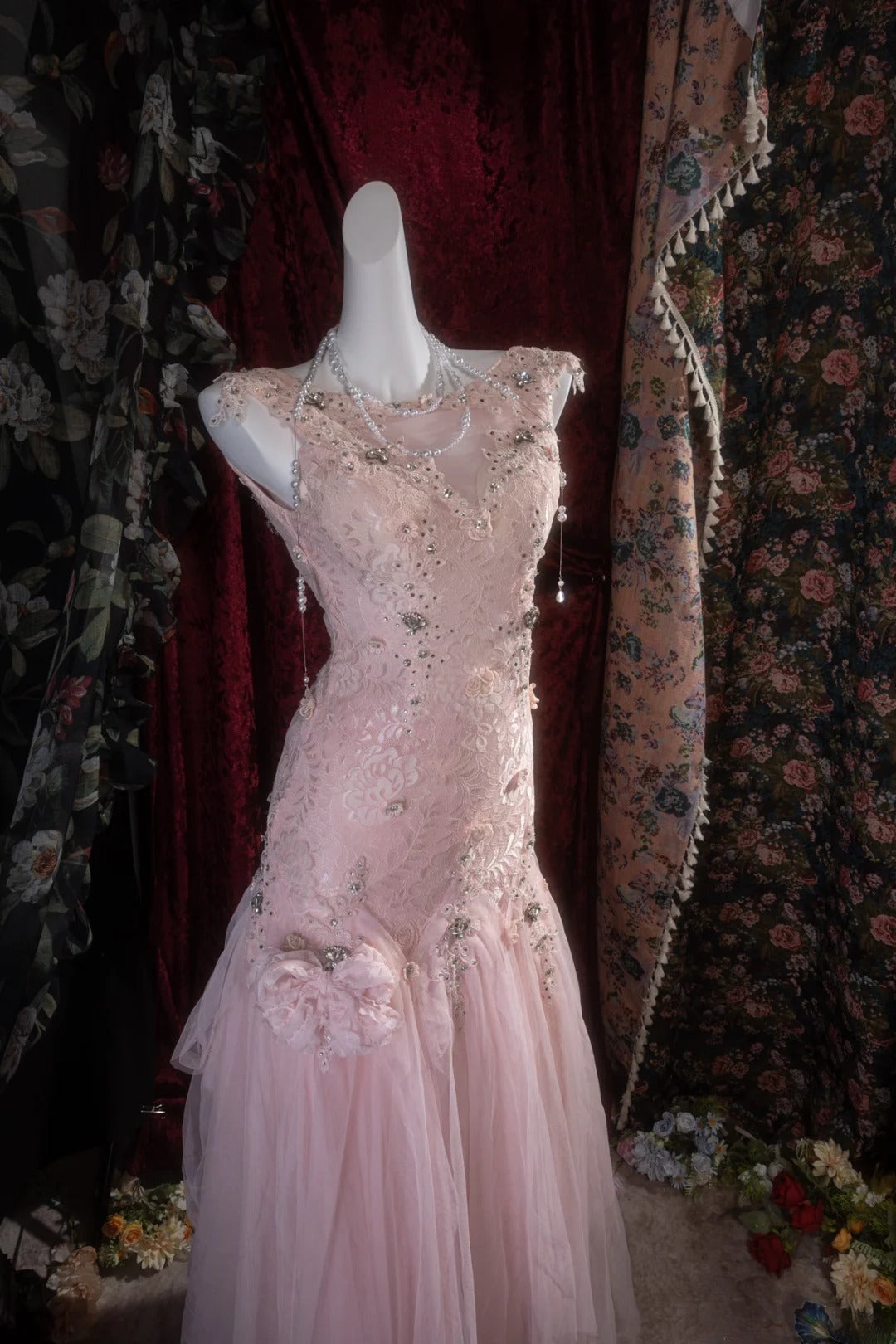 Vintage Mermaid Scoop Neck Pink Lace With Flowers Beading Long Prom Dresses Formal Outfits Evening Night Gown RB8142