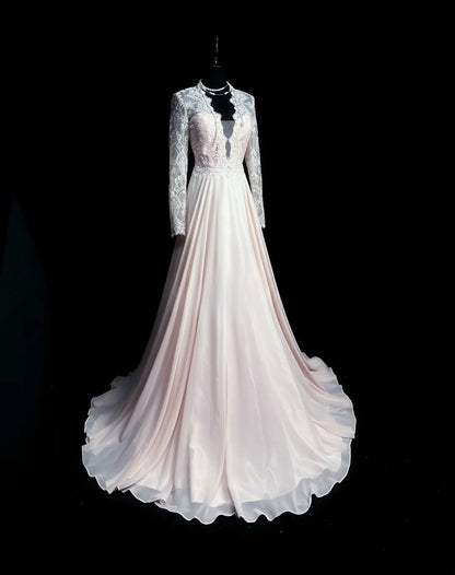Retro A line V Neckline Pink Chiffon Long Sleeves Date Night Outfits Semi Formal Prom Wedding Guest Dresses RB5949
