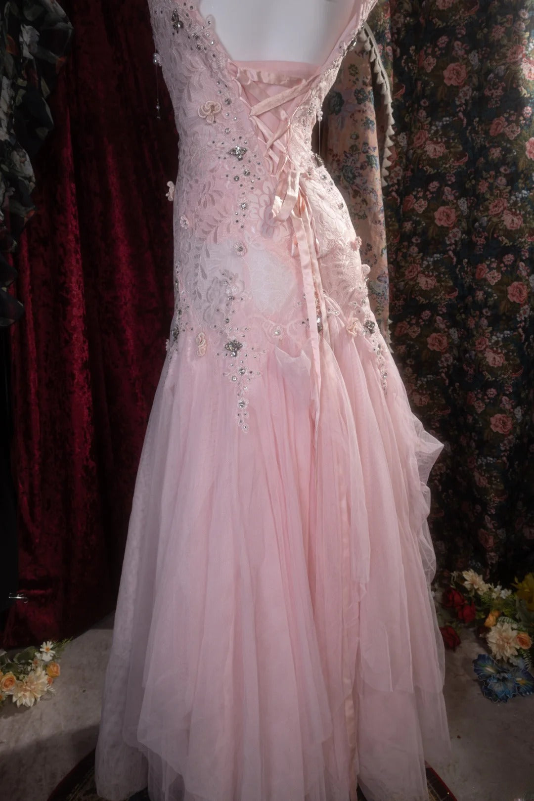 Vintage Mermaid Scoop Neck Pink Lace With Flowers Beading Long Prom Dresses Formal Outfits Evening Night Gown RB8142
