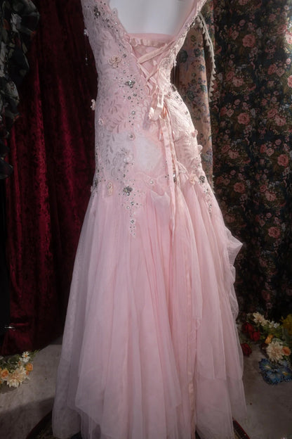 Vintage Mermaid Scoop Neck Pink Lace With Flowers Beading Long Prom Dresses Formal Outfits Evening Night Gown RB8142
