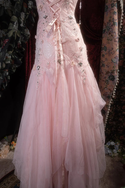 Vintage Mermaid Scoop Neck Pink Lace With Flowers Beading Long Prom Dresses Formal Outfits Evening Night Gown RB8142
