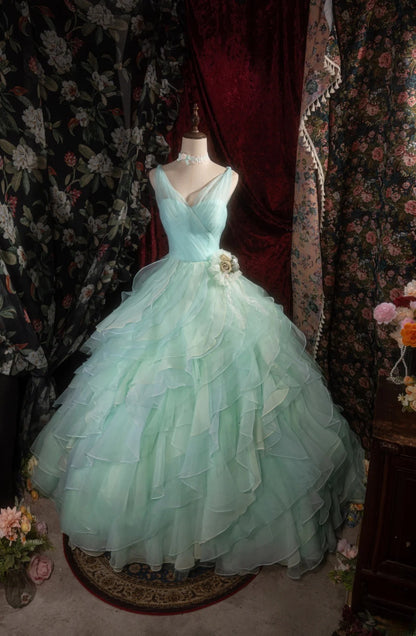 Dreamy Princess Ball Gown Formal Events Halter Blue Green Chiffon Tiered Quince Dress Quinceanera Dresses Birthday Outfits RB8280