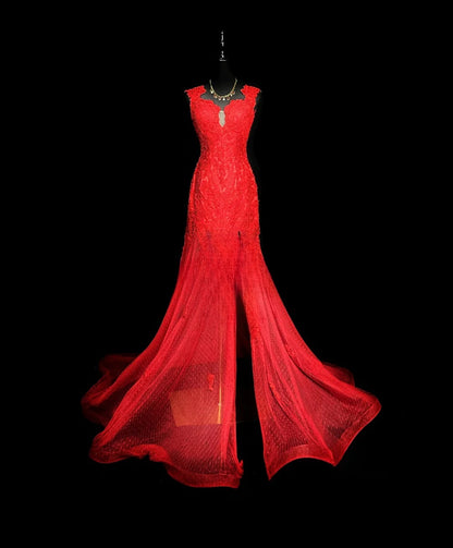 Modest Prom Dresses Mermaid Sweetheart Red Lace Tulle With Appliqued Slit Long Backless Formal Outfits RB5951