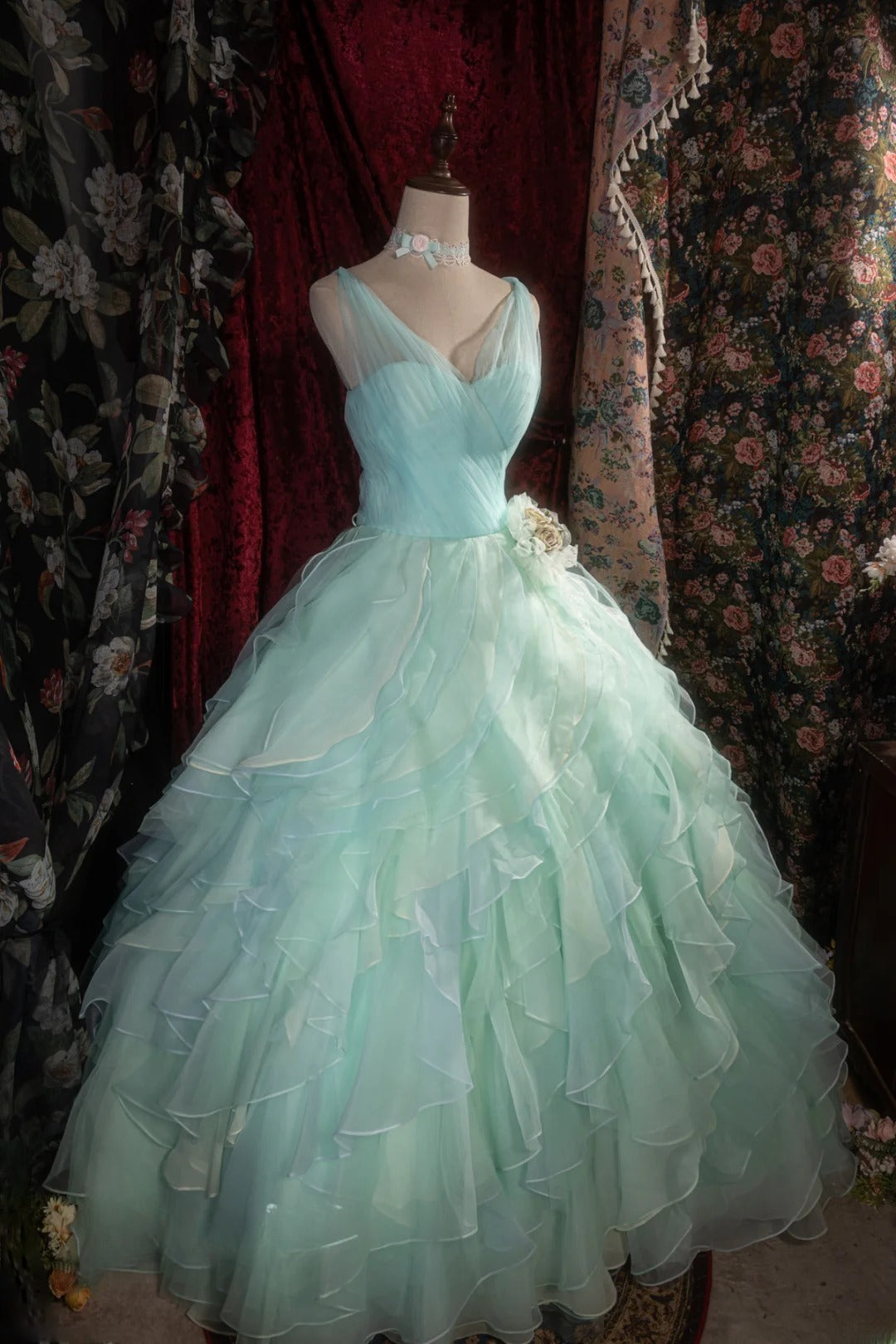 Dreamy Princess Ball Gown Formal Events Halter Blue Green Chiffon Tiered Quince Dress Quinceanera Dresses Birthday Outfits RB8280