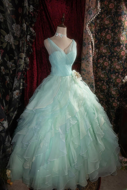 Dreamy Princess Ball Gown Formal Events Halter Blue Green Chiffon Tiered Quince Dress Quinceanera Dresses Birthday Outfits RB8280