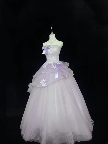 Modest Ball Gown Strapless Lilac With Tiered Layers Tulle Long Quince Dress Voluminous Sweet 16 Sweet Sixteen Outfits Vestido de 15 RB7511