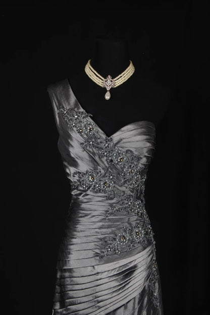 Vintage 50s 1950s Formal Mermaid One Shoulder Grey Tiered Pleated With Beads Style Impress Long Prom Dresses Party Formal Gowns AS141