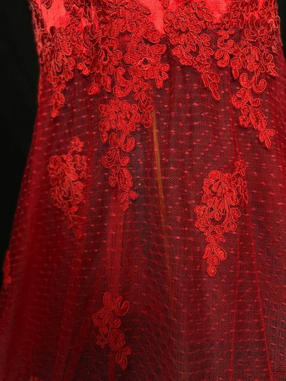 Modest Prom Dresses Mermaid Sweetheart Red Lace Tulle With Appliqued Slit Long Backless Formal Outfits RB5951