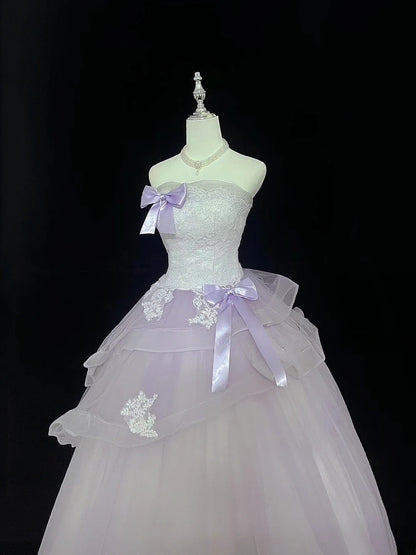 Modest Ball Gown Strapless Lilac With Tiered Layers Tulle Long Quince Dress Voluminous Sweet 16 Sweet Sixteen Outfits Vestido de 15 RB7511