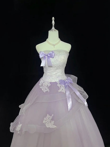 Modest Ball Gown Strapless Lilac With Tiered Layers Tulle Long Quince Dress Voluminous Sweet 16 Sweet Sixteen Outfits Vestido de 15 RB7511