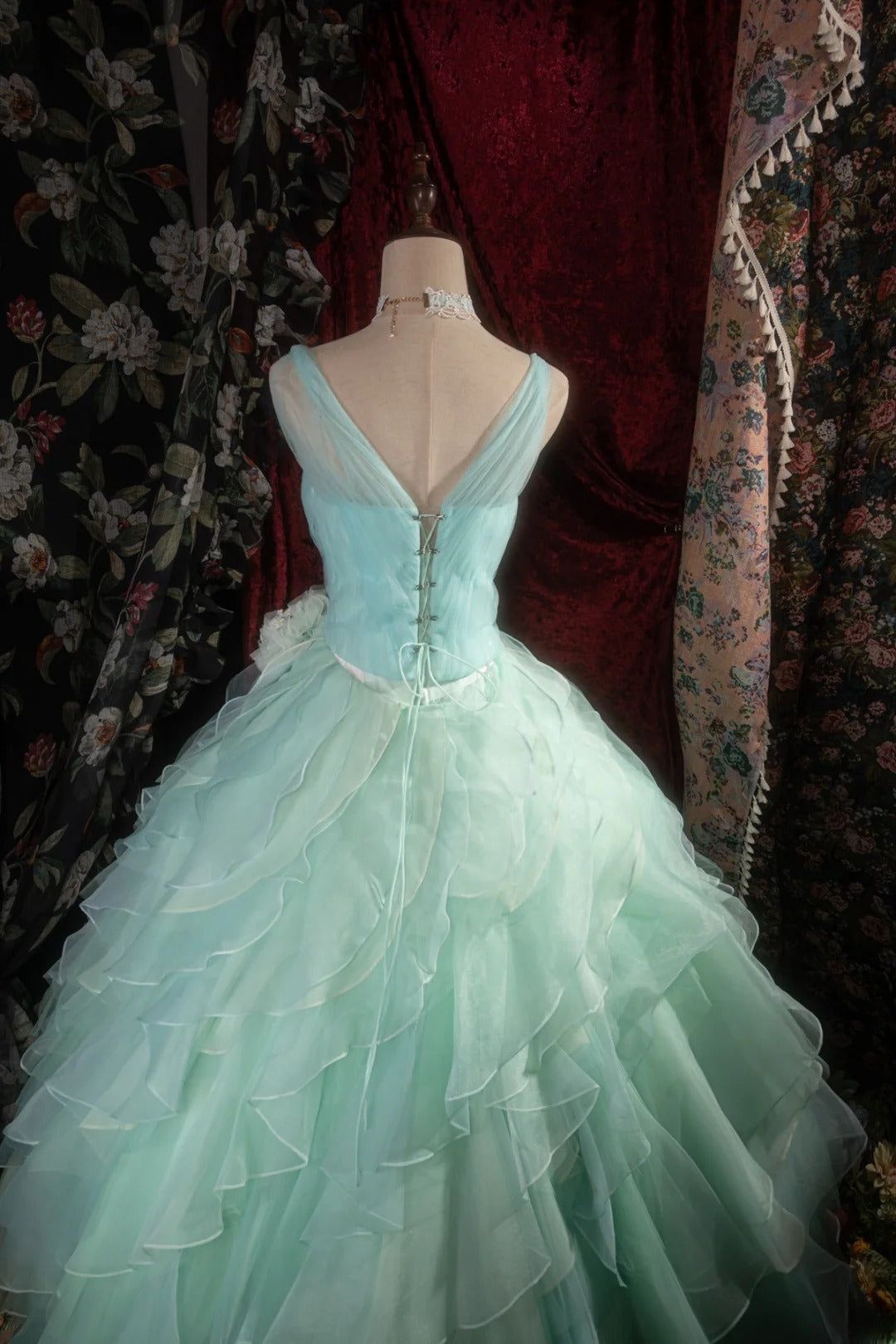 Dreamy Princess Ball Gown Formal Events Halter Blue Green Chiffon Tiered Quince Dress Quinceanera Dresses Birthday Outfits RB8280