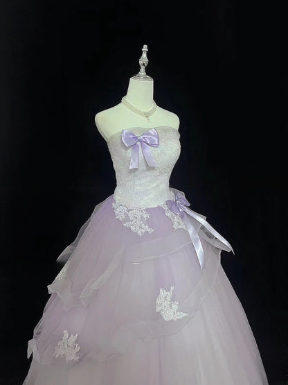 Modest Ball Gown Strapless Lilac With Tiered Layers Tulle Long Quince Dress Voluminous Sweet 16 Sweet Sixteen Outfits Vestido de 15 RB7511