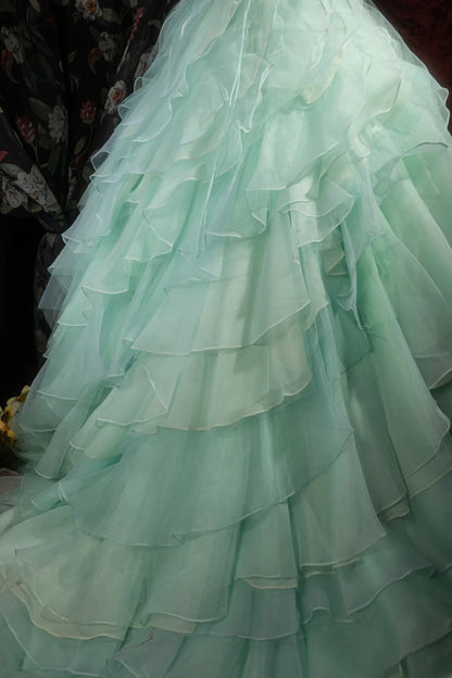 Dreamy Princess Ball Gown Formal Events Halter Blue Green Chiffon Tiered Quince Dress Quinceanera Dresses Birthday Outfits RB8280