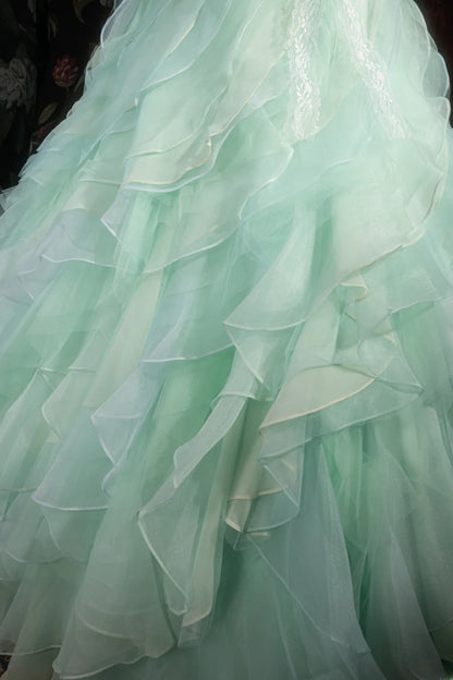 Dreamy Princess Ball Gown Formal Events Halter Blue Green Chiffon Tiered Quince Dress Quinceanera Dresses Birthday Outfits RB8280