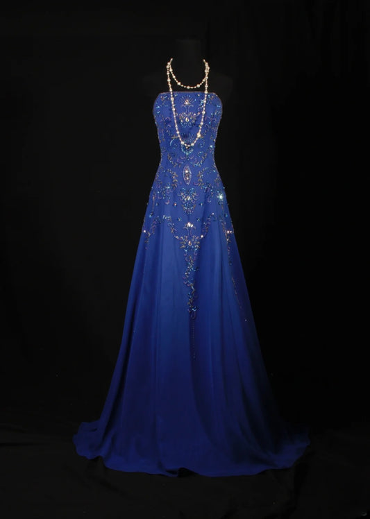 Retro 70s 1960s Formal A Line Strapless Royal Blue With Gem Beads Chiffon Sleeveless Long Prom Dresses Party Formal Gowns AS142