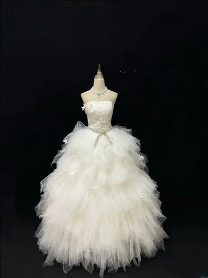 Modest Ball Gown Strapless White With Tiered Layers Tulle Long Quince Dress Voluminous Sweet 16 Sweet Sixteen Outfits Vestido de 15 RB7512