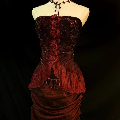 Vintage 70s Prom Dresses Mermaid Strapless Burgundy With Cape For Women Long Evening Formal Outfits RB3587