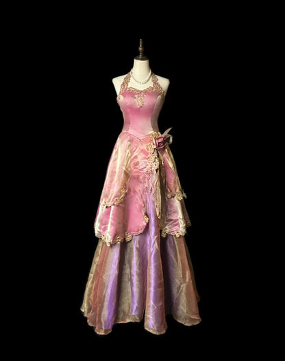Classy Prom Dresses Ball Gown Halter Pink Satin Long Party Dress Formal Outfits RB5952