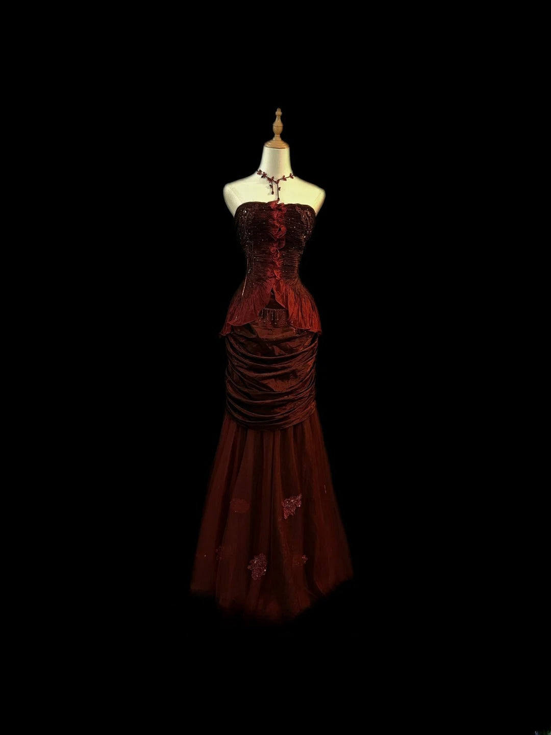 Vintage 70s Prom Dresses Mermaid Strapless Burgundy With Cape For Women Long Evening Formal Outfits RB3587