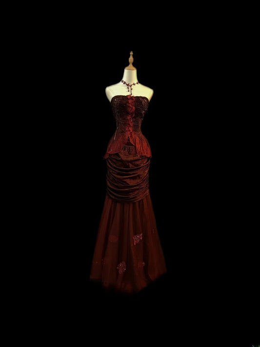 Vintage 70s Prom Dresses Mermaid Strapless Burgundy With Cape For Women Long Evening Formal Outfits RB3587
