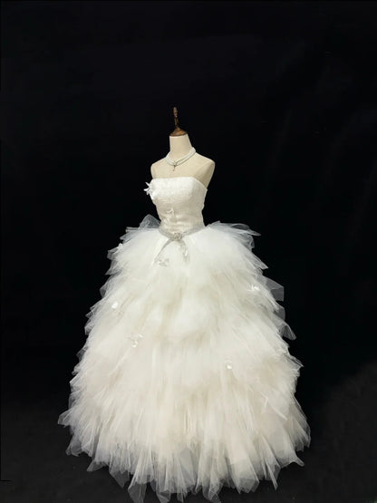 Modest Ball Gown Strapless White With Tiered Layers Tulle Long Quince Dress Voluminous Sweet 16 Sweet Sixteen Outfits Vestido de 15 RB7512