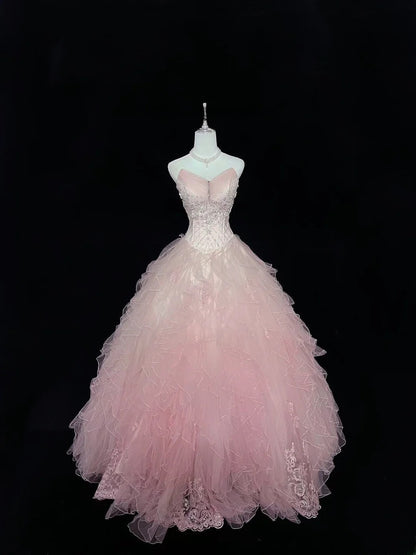 Modest Ball Gown Sweetheart Pink With Tiered Layers Tulle Long Quince Dress Voluminous Sweet 16 Sweet Sixteen Outfits Vestido de 15 RB7513