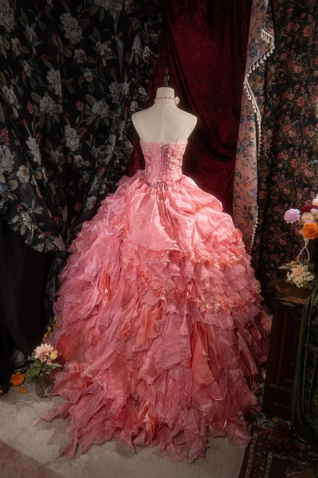 Sweety Ball Gown Strapless With Tulle Long Appliques Lace Tiered Layers Quince Dress inspo Party Gowns Sweet 16 Outfits RB8281