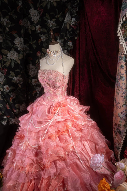 Sweety Ball Gown Strapless With Tulle Long Appliques Lace Tiered Layers Quince Dress inspo Party Gowns Sweet 16 Outfits RB8281