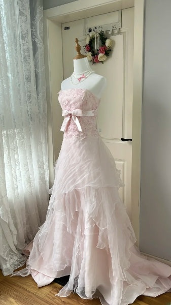 Prom Dress A Line Modest Strapless Long Pink Formal Party Gown For Senior Women RC0508