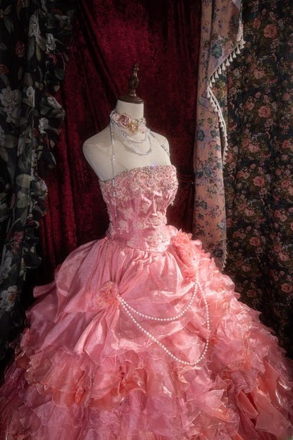 Sweety Ball Gown Strapless With Tulle Long Appliques Lace Tiered Layers Quince Dress inspo Party Gowns Sweet 16 Outfits RB8281