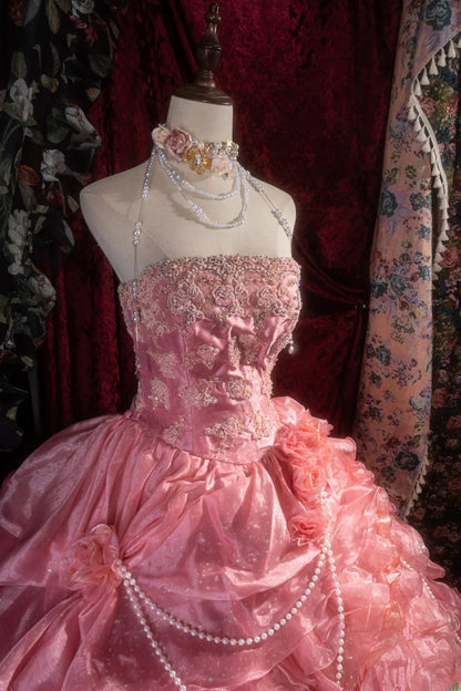 Sweety Ball Gown Strapless With Tulle Long Appliques Lace Tiered Layers Quince Dress inspo Party Gowns Sweet 16 Outfits RB8281