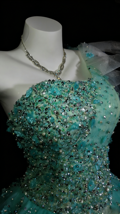 Sweet 16 Dress Blue One Shoulder Tulle Ball Gown With Beading Sweet Sixteen Dress RB9939