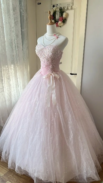 Modest Sweet 16 Dress Long Sweetheart Pink Tulle With Beaded Ball Gown Sweet Sixteen Party Birthday Dresses RC0509