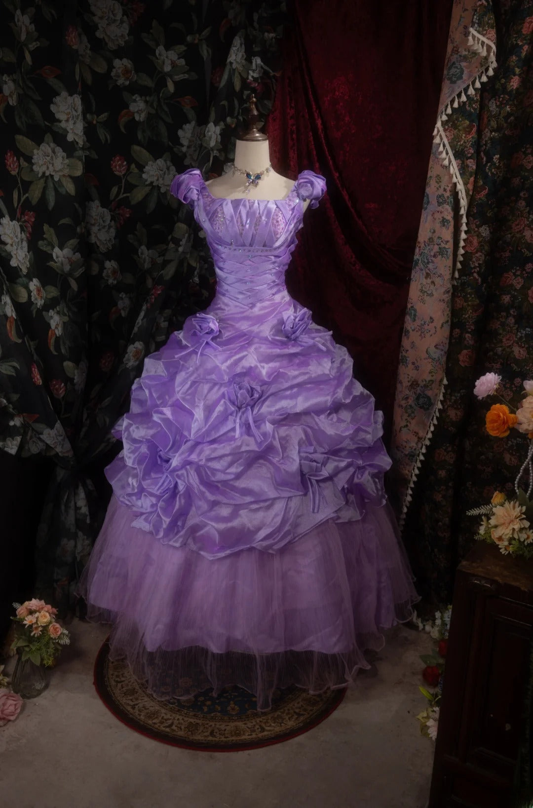 Sweety Ball Gown Square With Satin Long Beading Tiered Flowers Grape Quince Dress inspo Party Gowns Sweet 16 Outfits RB8283