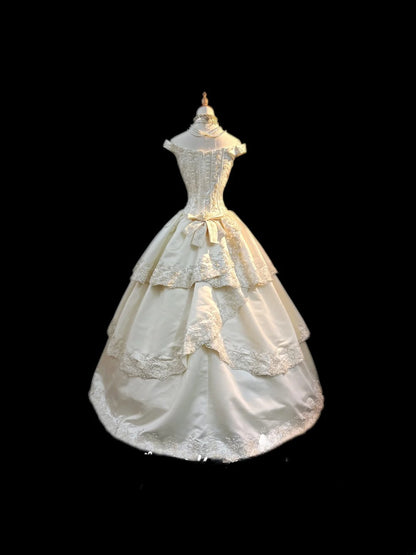 Vintage Style Ball Gown Off The Shoulder Ivory 1950s Satin With Tiered Layers Brides Gown Bridal Dress Long Wedding Dresses RB5803