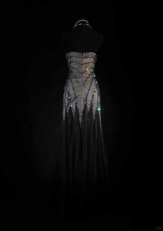 Retro Vintage 1960s Style Formal Mermaid Sweetheart Black Tulle With Beads Long Prom Dresses Party Formal Gowns AS145