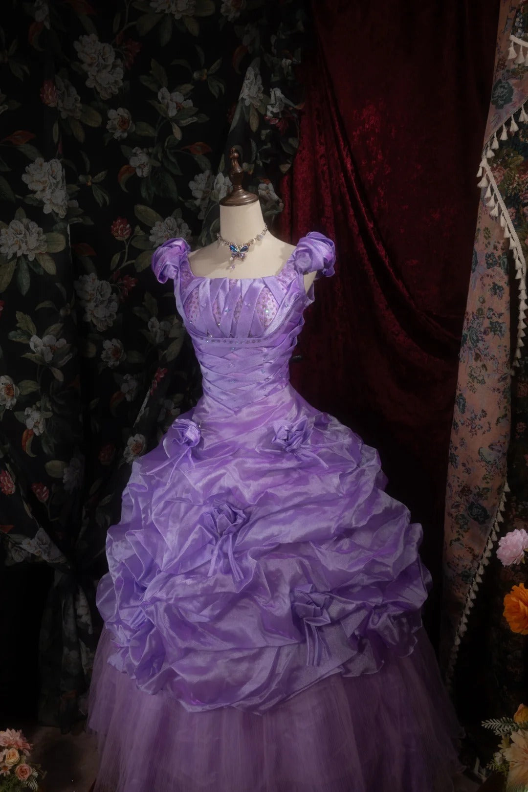 Sweety Ball Gown Square With Satin Long Beading Tiered Flowers Grape Quince Dress inspo Party Gowns Sweet 16 Outfits RB8283