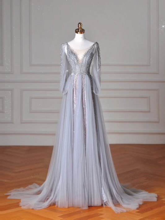 Elegant A Line V Neck Silver Gray Tulle Long Formal Prom Dresses Dance Night Outfits Evening Party Gowns AB2207