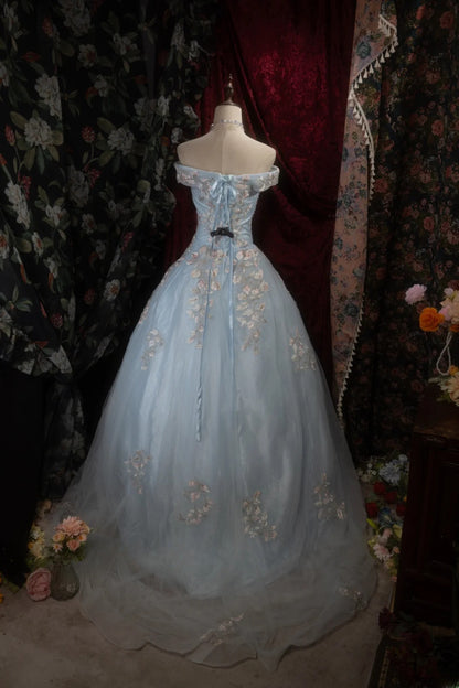 Dreamy Princess Ball Gown Formal Events Off The Shoulder Light Sky Blue With Lace Quince Dress Quinceanera Dresses Birthday Outfits RB8284
