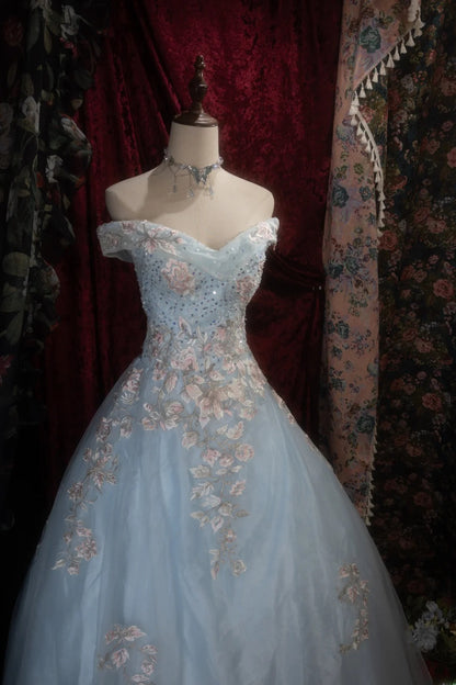 Dreamy Princess Ball Gown Formal Events Off The Shoulder Light Sky Blue With Lace Quince Dress Quinceanera Dresses Birthday Outfits RB8284