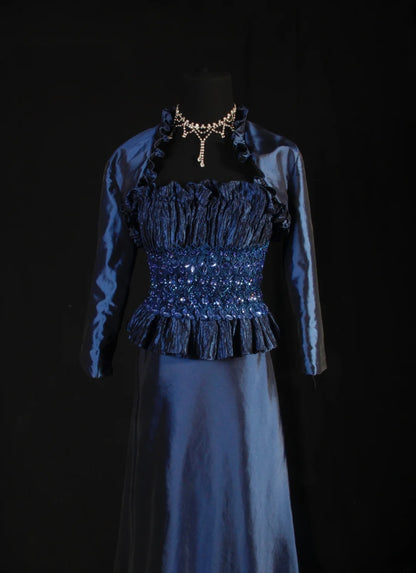 Retro 70s 1960s Formal A Line Strapless Navy Blue With Gem Beads Jacket Sleeveless Long Prom Dresses Party Formal Gowns AS146