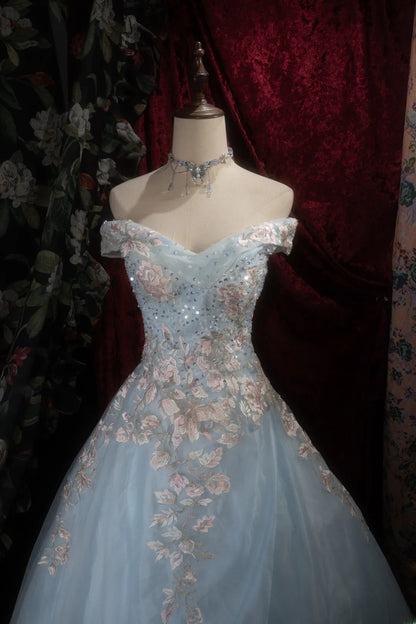 Dreamy Princess Ball Gown Formal Events Off The Shoulder Light Sky Blue With Lace Quince Dress Quinceanera Dresses Birthday Outfits RB8284