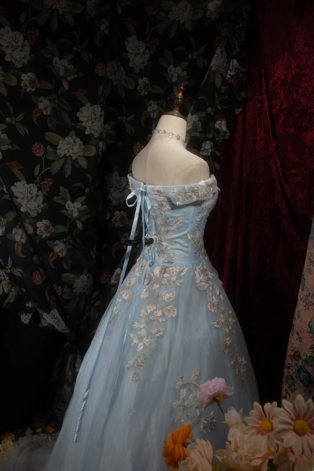 Dreamy Princess Ball Gown Formal Events Off The Shoulder Light Sky Blue With Lace Quince Dress Quinceanera Dresses Birthday Outfits RB8284