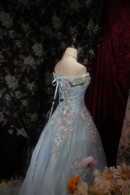 Dreamy Princess Ball Gown Formal Events Off The Shoulder Light Sky Blue With Lace Quince Dress Quinceanera Dresses Birthday Outfits RB8284
