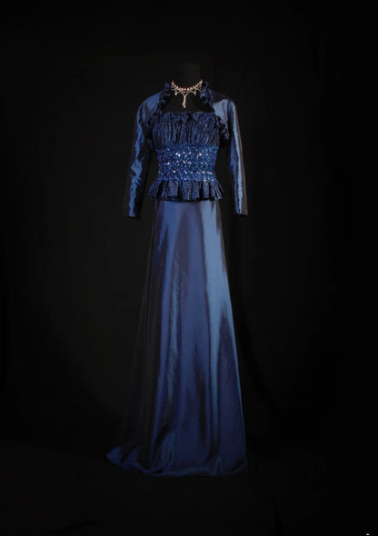 Retro 70s 1960s Formal A Line Strapless Navy Blue With Gem Beads Jacket Sleeveless Long Prom Dresses Party Formal Gowns AS146