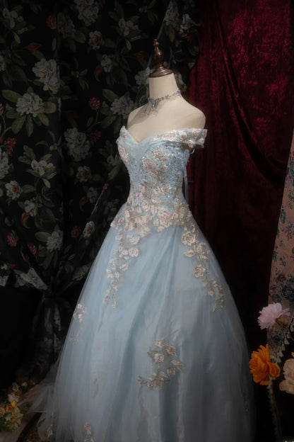 Dreamy Princess Ball Gown Formal Events Off The Shoulder Light Sky Blue With Lace Quince Dress Quinceanera Dresses Birthday Outfits RB8284